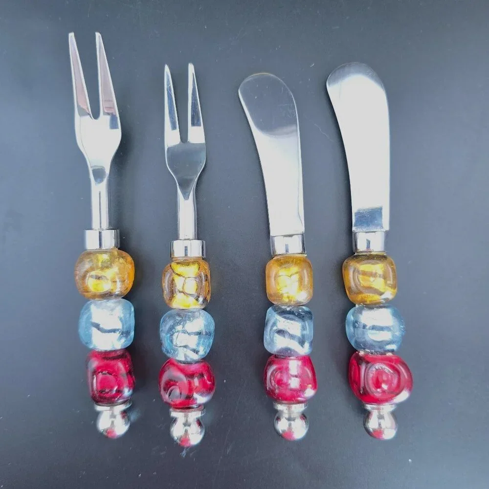 Vintage Pier 1 Cheese & Appetizer Utensils Set/4 Glass Beads & Stainless Steel